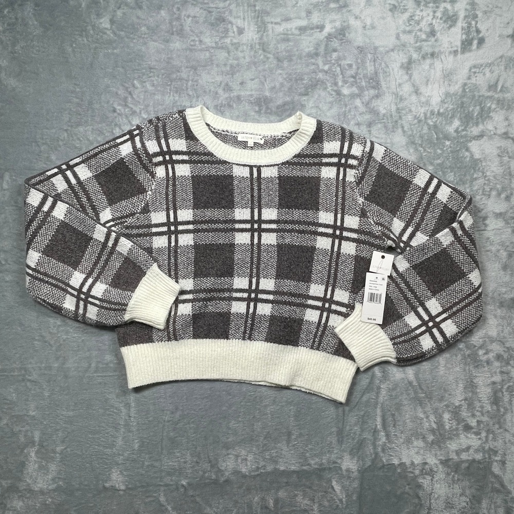 Ultra Flirt Sweater Womens Large Taupe White Plaid‎ Crew Neck New